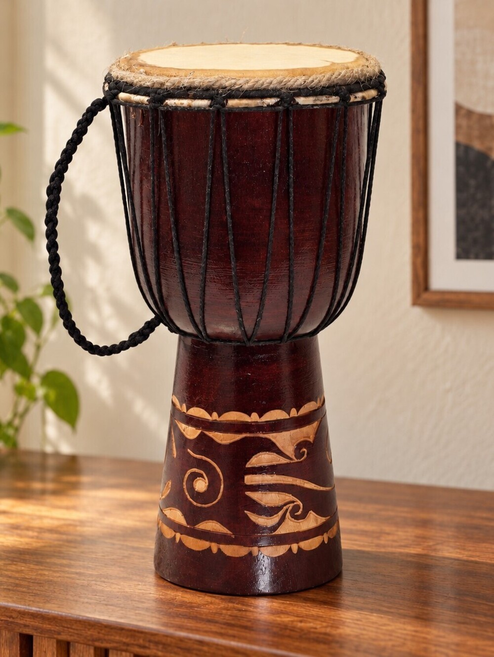 Decorative Djembe Hand Drum Carved Wood Rope Tuned Boho Music Room Accent Art